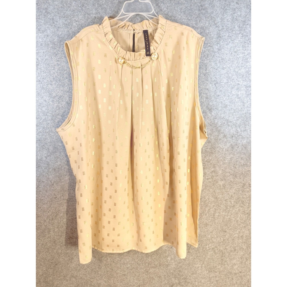 Luna Rae Tan Gold Foil Geometric Ruffle Neck Pearl Chain Blouse XL Sleeveless